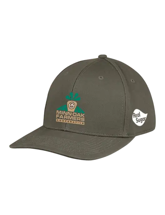 Premium Modern Structured Twill Olive Snapback Cap w/Minn-Dak Farmers Cooperative Logo, Real Sugar Logo