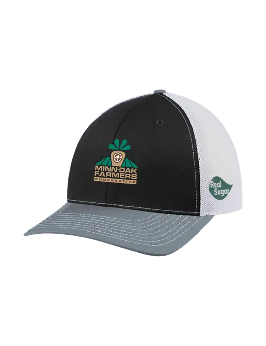 Richardson Adjustable Snapback Original 112 Trucker Cap Black/Light Heather Grey/White Mesh w/Minn-Dak Farmers Cooperative Logo, Real Sugar Logo