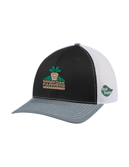 Richardson Adjustable Snapback Original 112 Trucker Cap Black/Light Heather Grey/White Mesh w/Minn-Dak Farmers Cooperative Logo, Real Sugar Logo